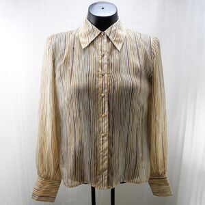 Talbots Silk Sheer Button-Front Long Sleeve Top Gold Brown Stripe-Women's Size 4
